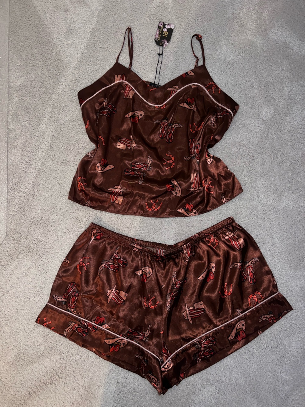 Silky Brown Cowgirl-Print Satin Cami & Short Pajama Set